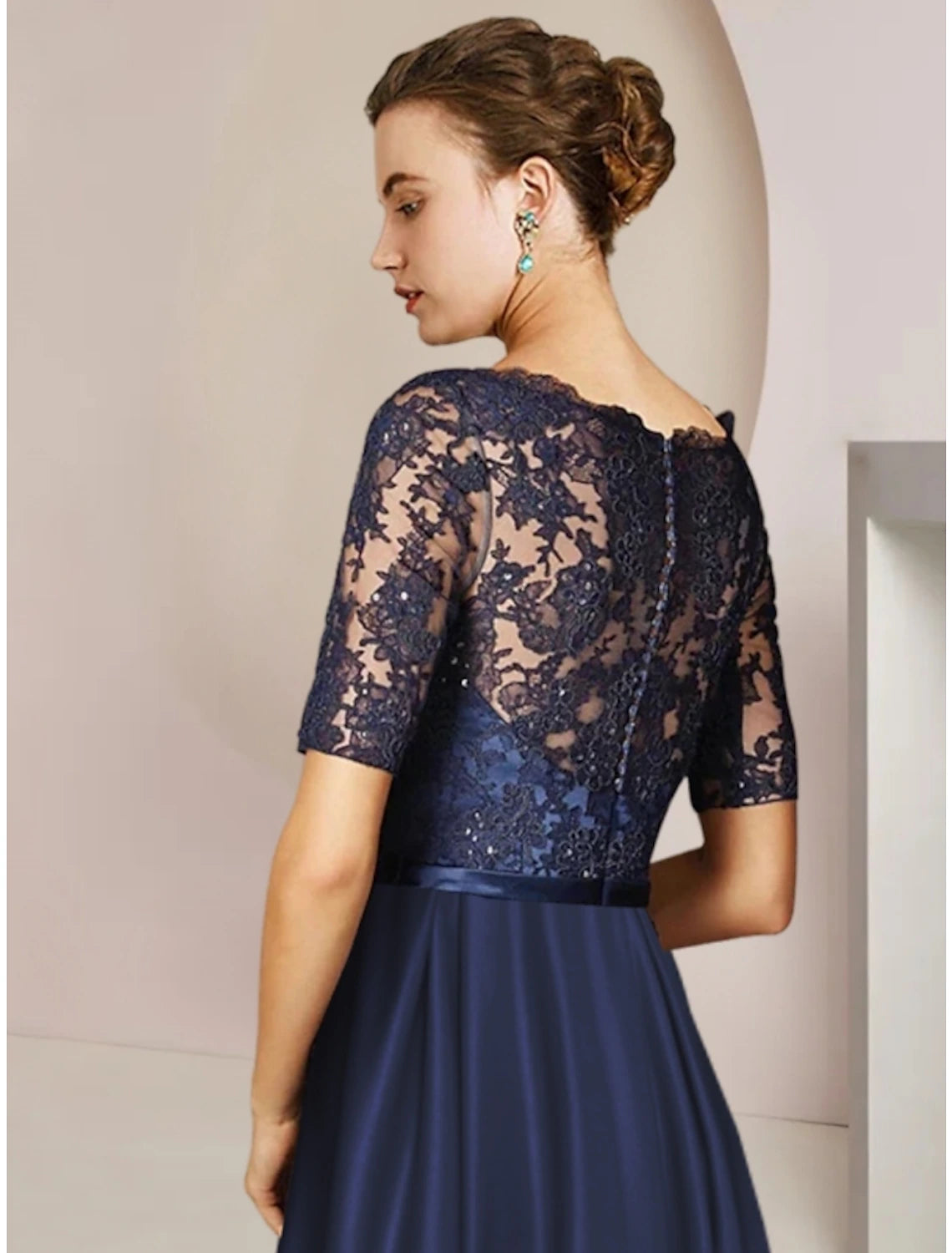 Sheath / Column Mother of the Bride Dress Wedding Guest Party Elegant Scoop Neck Tea Length Satin Lace Short Sleeve with Bow(s) Pleats Appliques 2023
